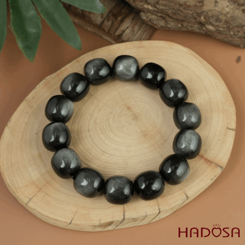 Vòng tay đá Obsidian-Hắc Diện Thạch ánh bạc hạt trụ 16mm