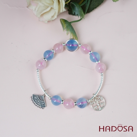 Vòng tay Aquamarine mix thạch anh hồng 9mm bạc 925