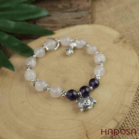 Vòng Thạch Anh Hồng 8mm mix charm bạc 925 (Hỏa, Thổ)