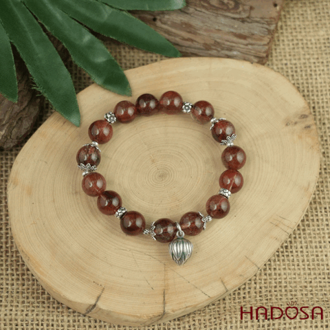 Vòng Thạch anh tóc đỏ 9mm mix charm bạc 925