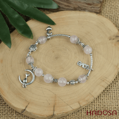 Vòng Thạch Anh Hồng 8mm mix charm bạc 925 (Hỏa, Thổ)