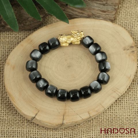 Vòng tay đá Obsidian-Hắc Diện Thạch ánh bạc hạt trụ 10x11mm mix tỳ hưu bạc mạ vàng