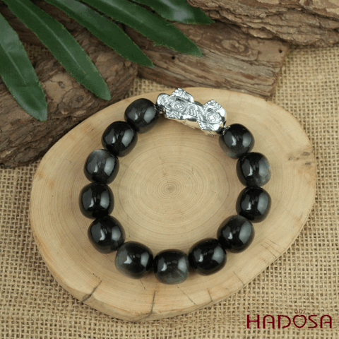 Vòng tay đá Obsidian-Hắc Diện Thạch ánh bạc hạt trụ 16mm mix tỳ hưu bạc