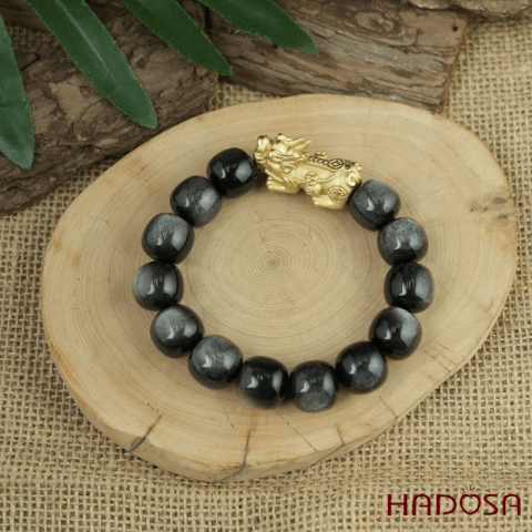 Vòng tay đá Obsidian-Hắc Diện Thạch ánh bạc hạt trụ 13x14mm mix tỳ hưu bạc mạ vàng