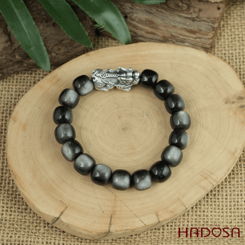 Vòng tay đá Obsidian-Hắc Diện Thạch ánh bạc hạt trụ 10x11mm mix tỳ hưu bạc