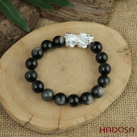 Vòng tay đá Obsidian-Hắc Diện Thạch ánh bạc 12mm mix tỳ hưu bạc