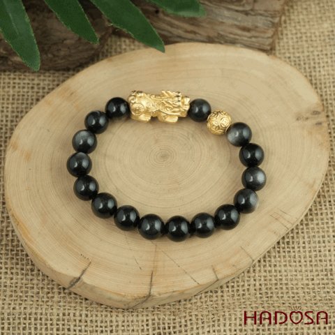 Vòng tay đá Obsidian-Hắc Diện Thạch ánh bạc 10mm mix tỳ hưu mạ vàng