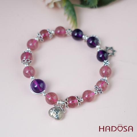Vòng tay thạch anh dâu tây thạch anh tím 8mm charm bạc 925