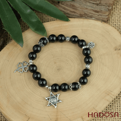 Vòng tay thạch anh đen 8mm mix charm bạc 925