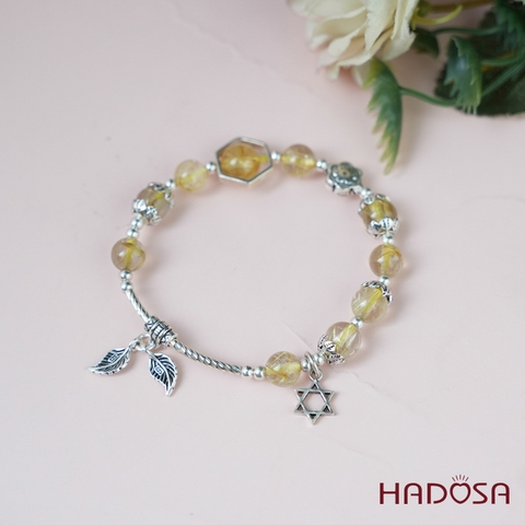 Vòng thạch anh tóc vàng 7mm mix charm bạc 925