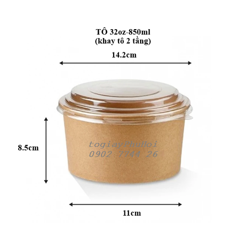 Tô Giấy Kraft 32oz (850ml) - Khay 2 Tầng