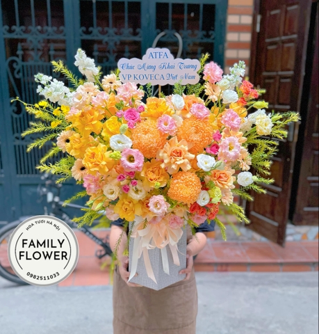 Lẵng hoa tone vàng tặng khai trương ở Hà Nội . Hoa khai trương Hà Nội