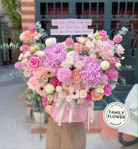 Lẵng hoa tông hồng chúc mừng sinh nhật quận Đống Đa , Ba Đình Hà Nội ! Hoa sinh nhật quận Đống Đa