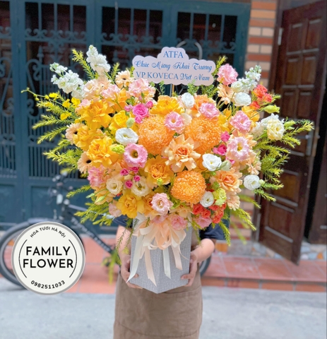 Lẵng hoa tone vàng tặng khai trương ở Hà Nội . Hoa khai trương Hà Nội