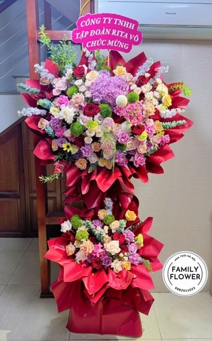 Kệ hoa 2 tầng ! Kệ hoa tone đỏ mừng khai trương ! Hoa khai trương Hà Nội