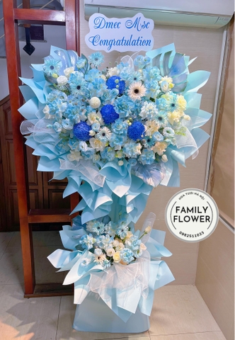 Kệ hoa 2 tầng tone xanh dương đẹp tặng khai trương quận Ba Đình, Đống Đa Hà Nội ! Hoa khai trương Hà Nội