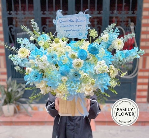 Lẵng hoa xanh dương chúc mừng khai trương quận Tây Hồ ! Hoa khai trương Tây Hồ