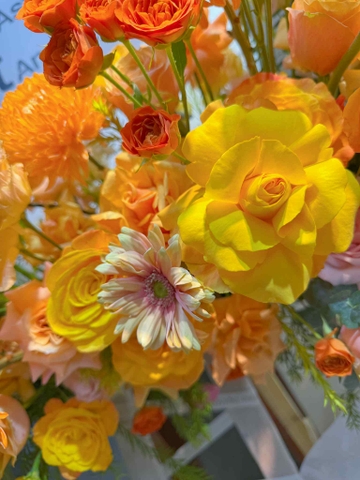 Kệ hoa khung tranh tone cam vàng chúc mừng khai trương ở Hà Nội ! Hoa khai trương Hà Nội