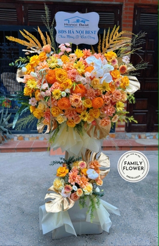 Kệ hoa 2 tầng tone cam tặng chúc mừng sự kiện hội nghị ở Hà Nội ! Mua hoa tươi online Hà Nội