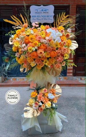 Kệ hoa 2 tầng tone cam tặng chúc mừng sự kiện hội nghị ở Hà Nội ! Mua hoa tươi online Hà Nội