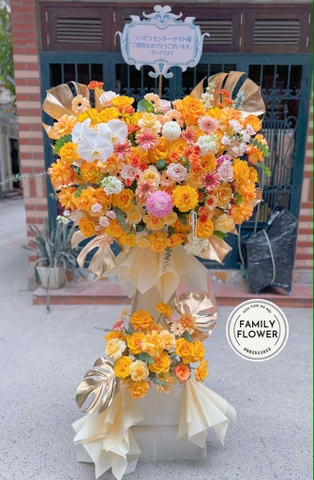 Kệ hoa 2 tầng tone vàng cam tặng khi trương quận Đống Đa ! Hoa khai trương Hà Nội ! Hoa khai trương