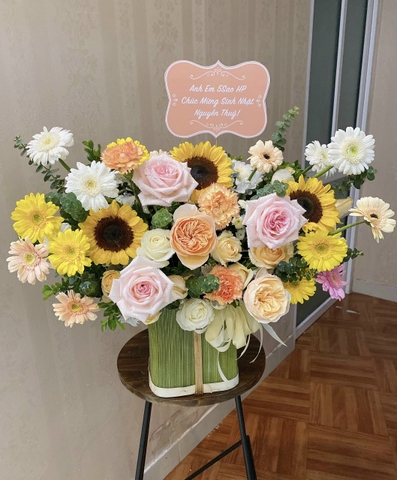 Lẵng hoa hướng dương mix đồng tiền chúc mừng sinh nhật, khai trương tại Hà Nội - Hoa tươi Hà Nội