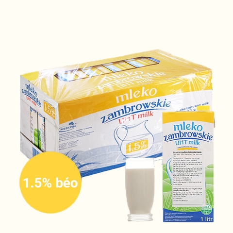 Thùng 12 hộp sữa tiệt trùng Mleko Zambrowskie 1.5% béo 1 lít