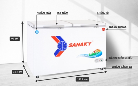 Tủ đông Sanaky VH-5699W1, 365 lít, 1 ngăn đông, 1 ngăn mát, dàn lạnh đồng
