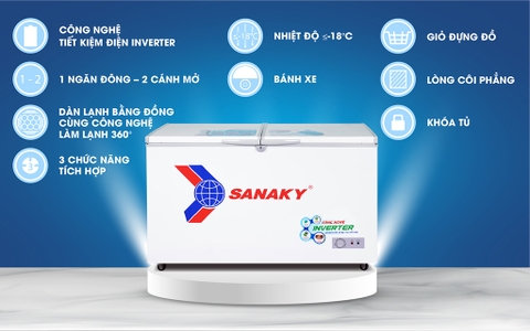 Tủ đông sanaky VH-4099W3, inverter 280 lít, 2 ngăn đông, mát, dàn lạnh đồng