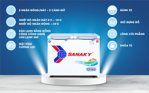 Tủ đông Sanaky VH-3699W2KD, 260 lít, 2 ngăn đông/mát, mặt kính cường lực