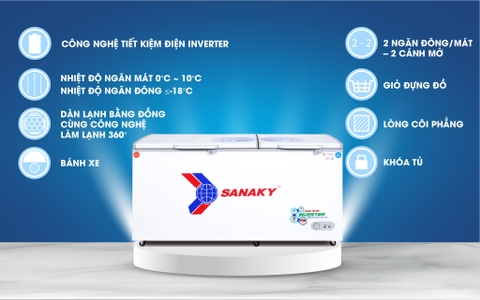 Tủ đông sanaky VH-6699W3, inverter 485 lít, 2 ngăn đông, mát, dàn đồng