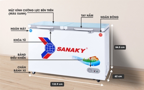 Tủ đông Sanaky VH-4099W2KD, 280 lít, 1 ngăn đông, 1 ngăn mát, dàn lạnh đồng, mặt kính cường lực