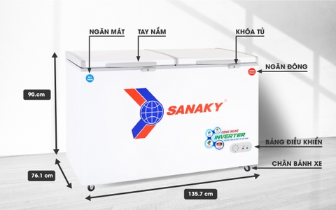Tủ đông sanaky VH-5699W3, inverter 365 lít, 2 ngăn đông, mát, dàn lạnh đồng