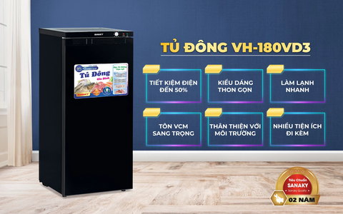 Tủ đông Sanaky VH-180VD3, Tủ đứng 150 lít, inverter, 1 cánh
