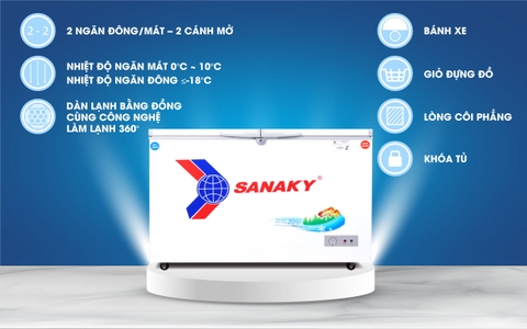 Tủ đông Sanaky VH-5699W1, 365 lít, 1 ngăn đông, 1 ngăn mát, dàn lạnh đồng
