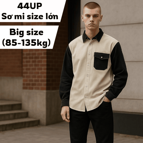 Áo Sơ Mi Tay Dài Big Size Nam (85-135kg) - Be Phối Đen BF.SMTD.05B