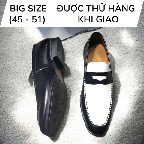 Giày Tây Xỏ Big Size Nam- Da Thật, Có Size Lớn (45 46 47 48 49 50) - Trắng Đen - GTXDB.02W