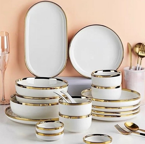 Set chén dĩa 26 món Nordic style viền vàng