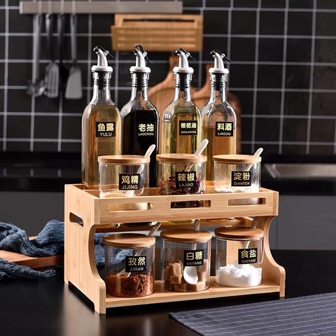 Set gia vị khung gỗ 11/15 chi tiết hũ trong