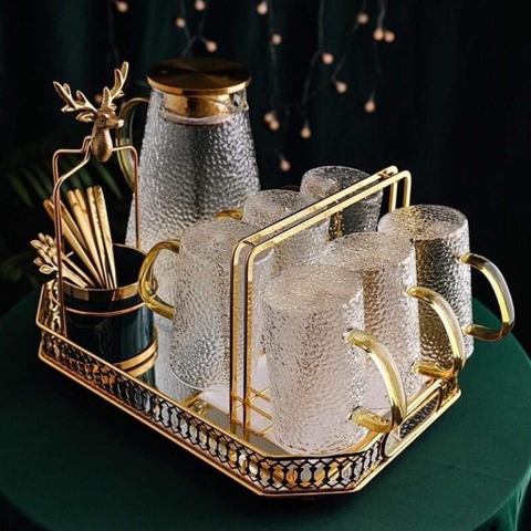 Set Bình Thủy Tinh Khay Gương Kèm Giỏ Nĩa Hươu