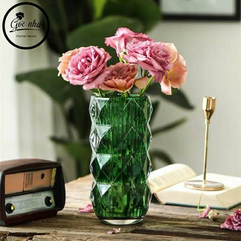 Bình hoa thủy tinh cao cấp vân kim cương nổi trang trí nhà cừa