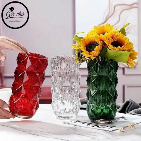 Bình hoa thủy tinh cao cấp vân kim cương nổi trang trí nhà cừa