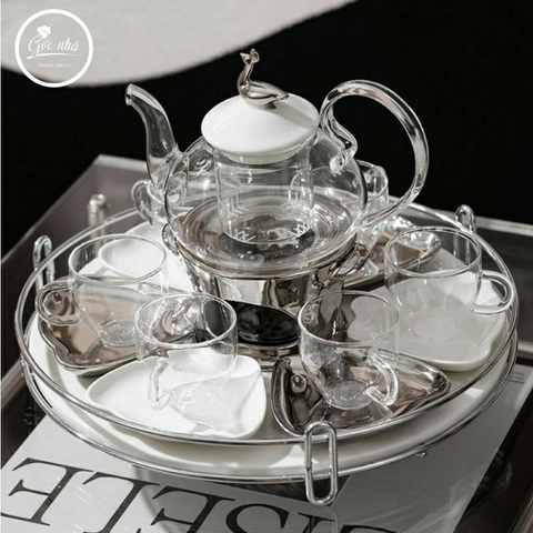 Bộ trà khay tròn Silver peacok