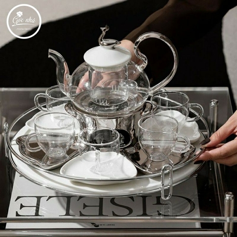 Bộ trà khay tròn Silver peacok