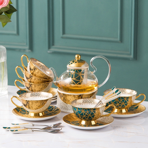 Bộ trà Mosaic vân vàng đế nến