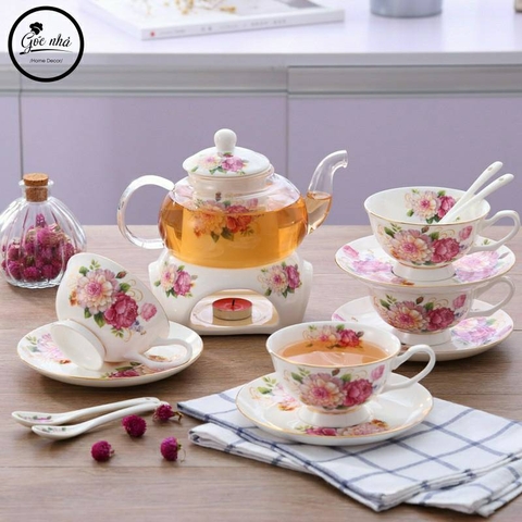 Set trà sứ hoa Rosemary đế nến - 4 tách