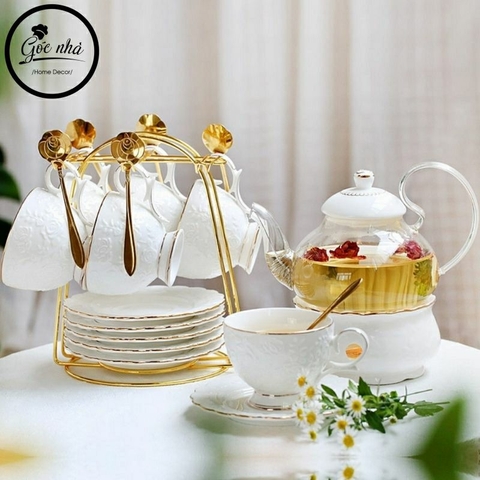 Bộ trà đế đun hoa hổng nổi