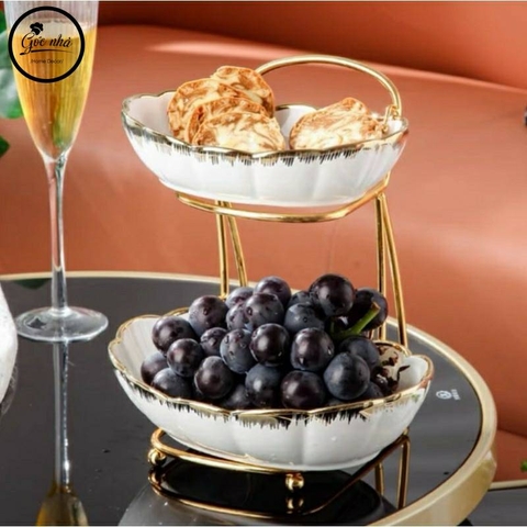 Khay Trái Cây Hoa Viền Vàng vân múi- 2 tầng