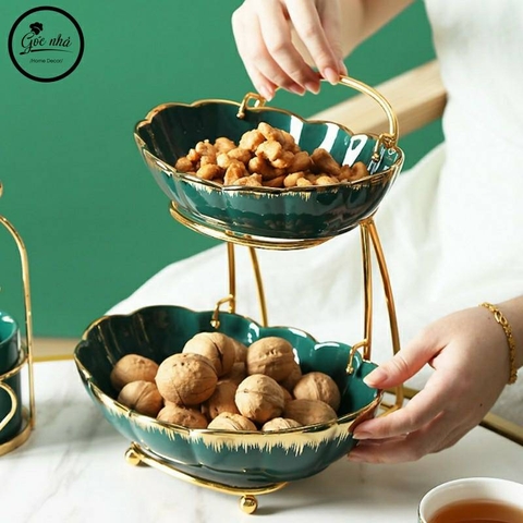 Khay Trái Cây Hoa Viền Vàng vân múi- 2 tầng