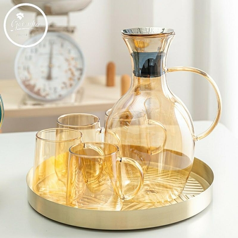Set bình thủy tinh dáng bầu 4 ly khay tròn